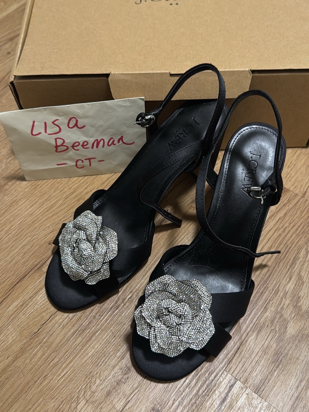 J. Crew Black Satin Slingback Heels with Silver Crystal Flower Accent
